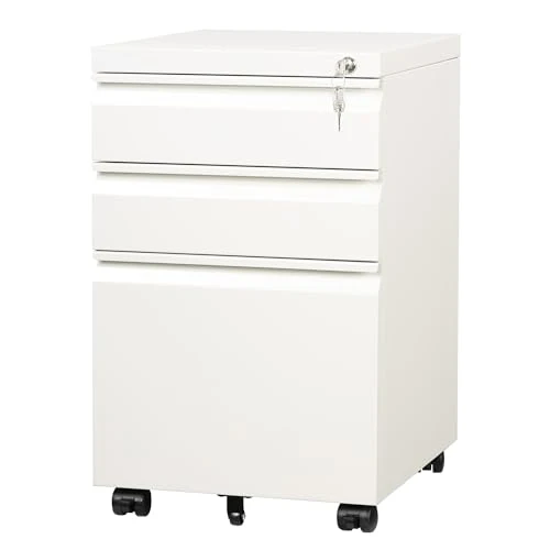 DEVAISE Rollcontainer mit 3 Schubladen, Metall, Mobil, Druckertisch, Weiß