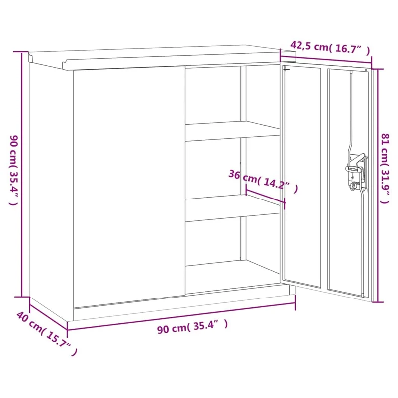 Aktenschrank Schwarz aus pulverbeschichtetem Stahl 90x40x90 cm mit 2 Einlegeböden abschließbar für Büro Arbeitszimmer Homeoffice zur sicheren Archivierung von Dokumenten und Ordnern