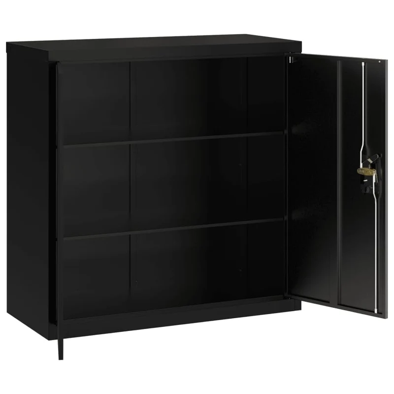Aktenschrank Schwarz aus pulverbeschichtetem Stahl 90x40x90 cm mit 2 Einlegeböden abschließbar für Büro Arbeitszimmer Homeoffice zur sicheren Archivierung von Dokumenten und Ordnern