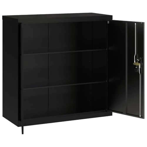 Aktenschrank Schwarz aus pulverbeschichtetem Stahl 90x40x90 cm mit 2 Einlegeböden abschließbar für Büro Arbeitszimmer Homeoffice zur sicheren Archivierung von Dokumenten und Ordnern