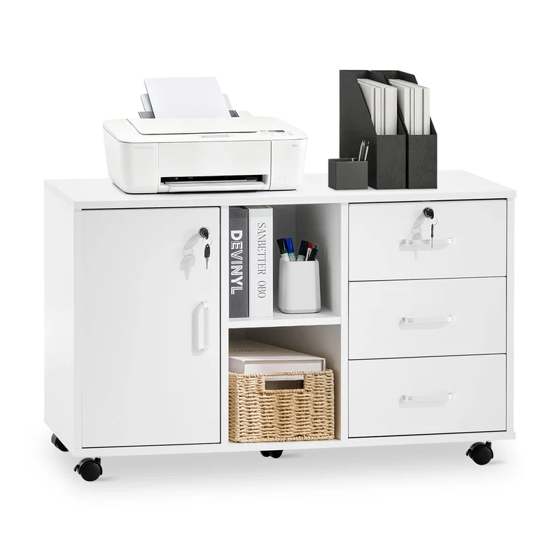 TUKAILAI Rollcontainer mit Schubladen, offene Regale, Aktenschrank, Weiß