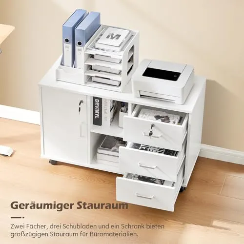 TUKAILAI Rollcontainer mit Schubladen, offene Regale, Aktenschrank, Weiß