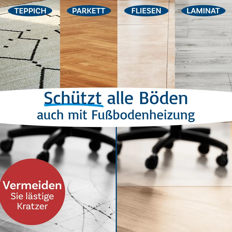 Floordirekt Bürostuhlunterlage Bodenschutzmatte - Bodenmatte Stuhlunterlage - Transparent - Stärke: 1,5 mm - Bodenschutzmatte für Hartböden (Neo, Breite: 150 cm, Länge: 200 cm)