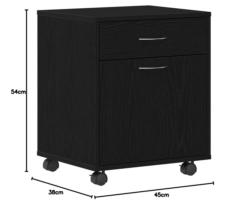 Büroschrank Schwarze Eiche 45x38x54 cm mit Rollen, Holz Aufbewahrung, Flächenbündige Tür, D-Griffe, Homeoffice