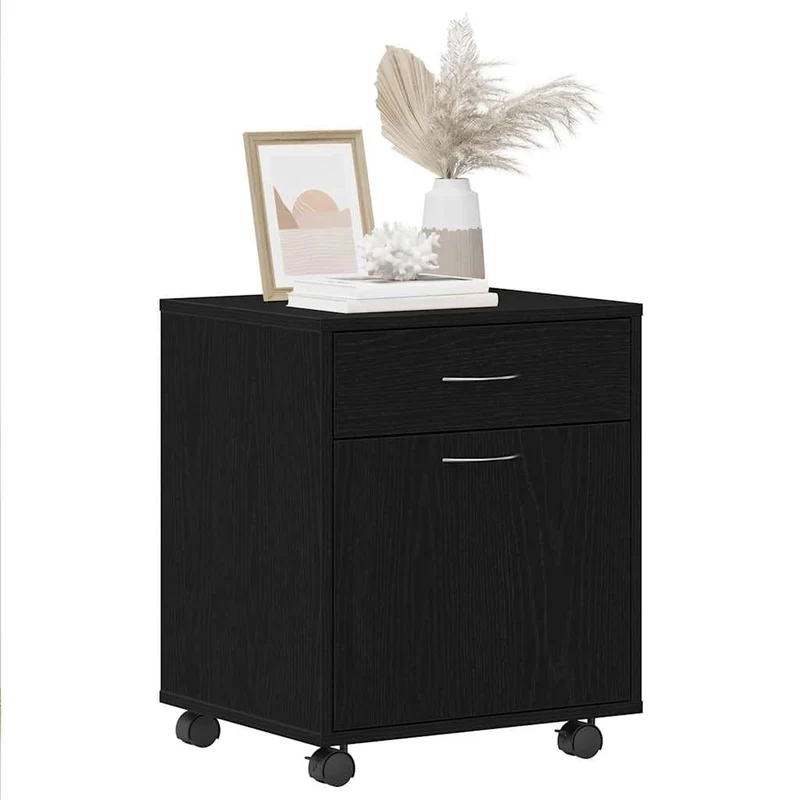 Büroschrank Schwarze Eiche 45x38x54 cm mit Rollen, Holz Aufbewahrung, Flächenbündige Tür, D-Griffe, Homeoffice