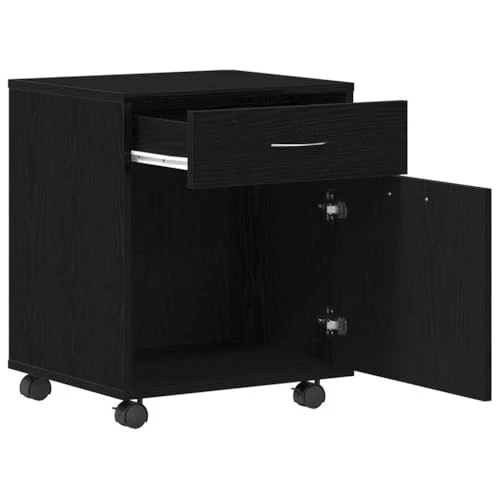 Büroschrank Schwarze Eiche 45x38x54 cm mit Rollen, Holz Aufbewahrung, Flächenbündige Tür, D-Griffe, Homeoffice