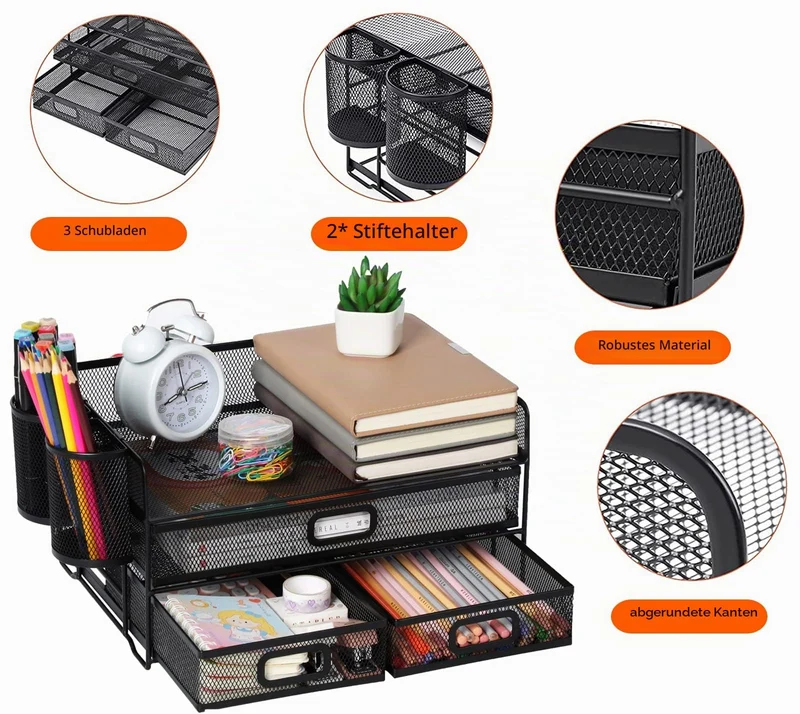 3-Trays Desktop Organizer mit Schublade, Mesh Büro Schreibtisch liefert Organizer Dokumenten Buchstaben Tray Halter für Büro Home (2 Stifthalter)