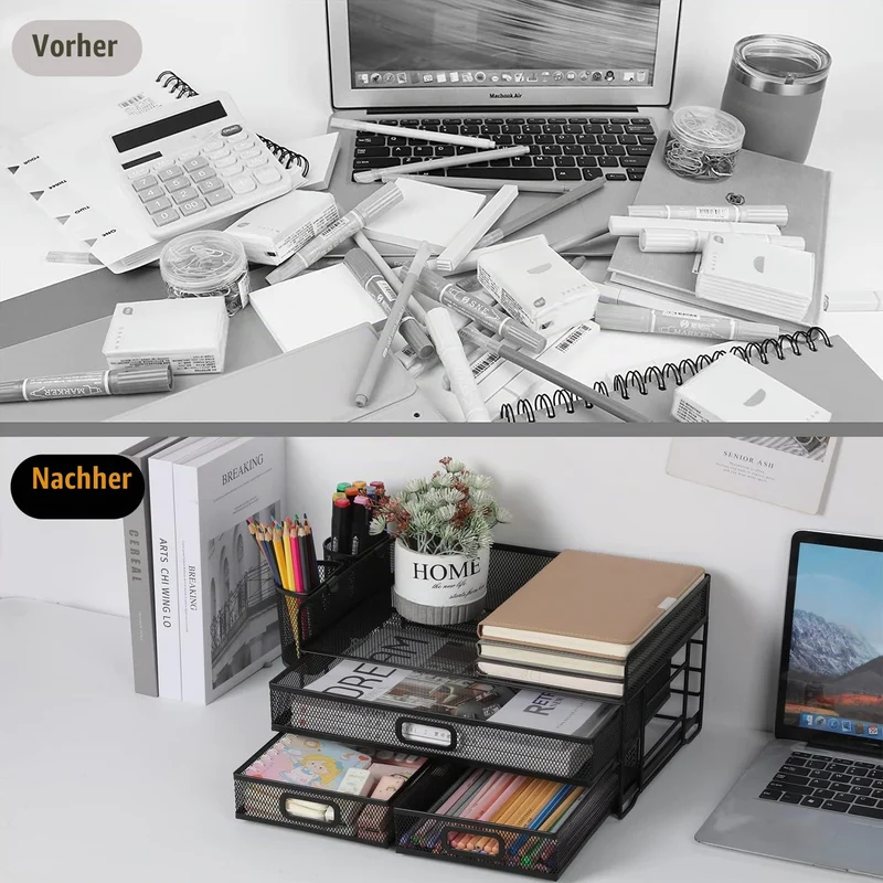 3-Trays Desktop Organizer mit Schublade, Mesh Büro Schreibtisch liefert Organizer Dokumenten Buchstaben Tray Halter für Büro Home (2 Stifthalter)