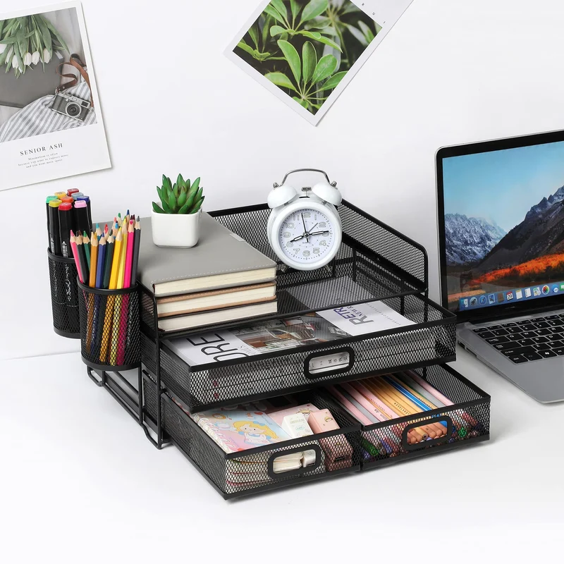 3-Trays Desktop Organizer mit Schublade, Mesh Büro Schreibtisch liefert Organizer Dokumenten Buchstaben Tray Halter für Büro Home (2 Stifthalter)