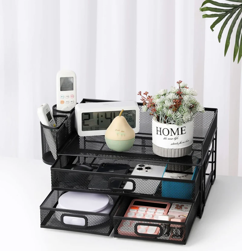 3-Trays Desktop Organizer mit Schublade, Mesh Büro Schreibtisch liefert Organizer Dokumenten Buchstaben Tray Halter für Büro Home (2 Stifthalter)