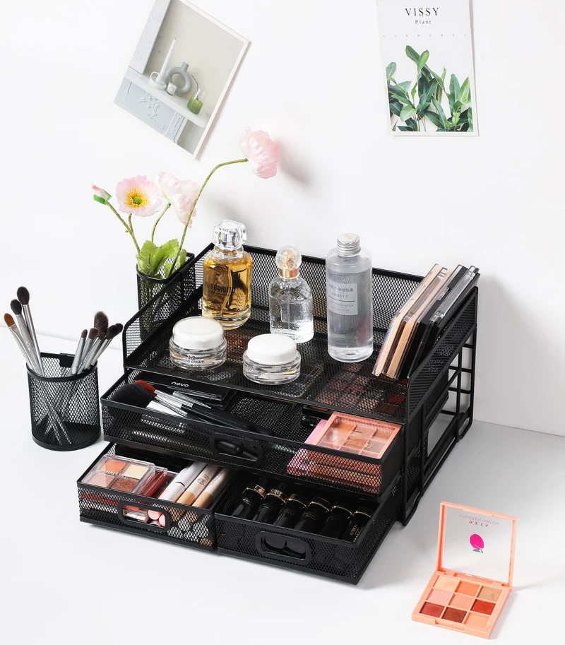 3-Trays Desktop Organizer mit Schublade, Mesh Büro Schreibtisch liefert Organizer Dokumenten Buchstaben Tray Halter für Büro Home (2 Stifthalter)