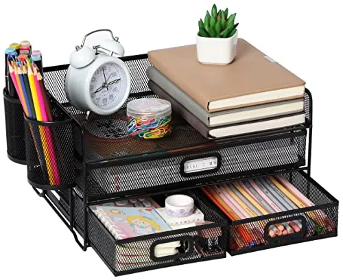 3-Trays Desktop Organizer mit Schublade, Mesh Büro Schreibtisch liefert Organizer Dokumenten Buchstaben Tray Halter für Büro Home (2 Stifthalter)