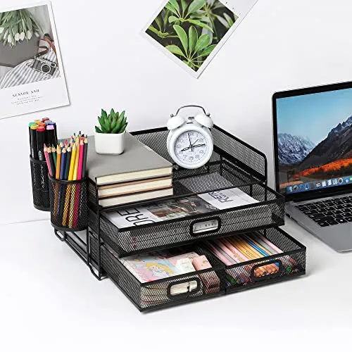 3-Trays Desktop Organizer mit Schublade, Mesh Büro Schreibtisch liefert Organizer Dokumenten Buchstaben Tray Halter für Büro Home (2 Stifthalter)