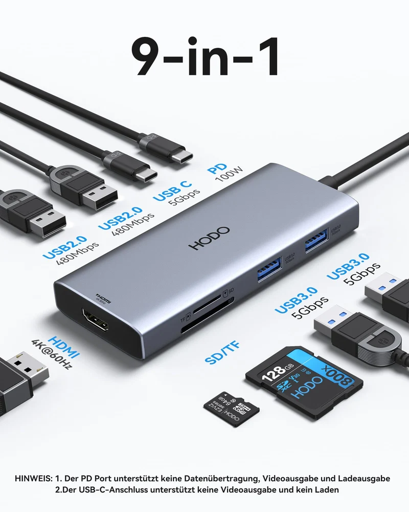 HODO USB C Hub für MacBook, USB-C Adapter Multiport 9 in 1