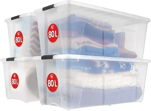 Iris Ohyama Aufbewahrungsbox mit Deckel, 80L, 4er-Set, Transparent, Schnappverschlüsse mit Griffen, Stapelbar, Stark & Langlebig, Für Kleidung, Garage, Zuhause, Büro, Plastikbox, Lagerung TB-84D