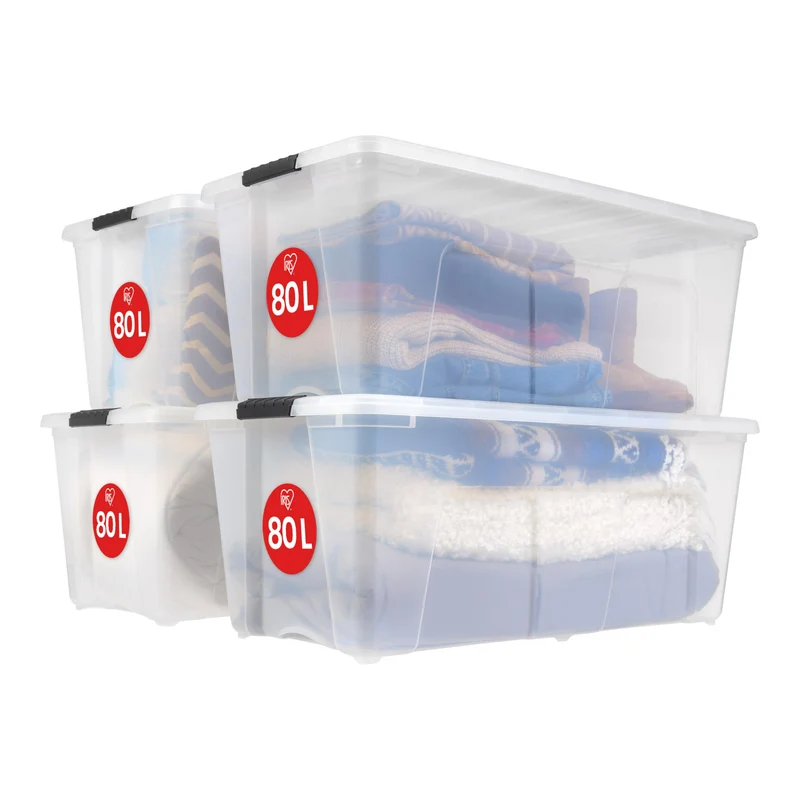 Iris Ohyama Aufbewahrungsbox mit Deckel, 80L, 4er-Set, Transparent, Schnappverschlüsse mit Griffen, Stapelbar, Stark & Langlebig, Für Kleidung, Garage, Zuhause, Büro, Plastikbox, Lagerung TB-84D