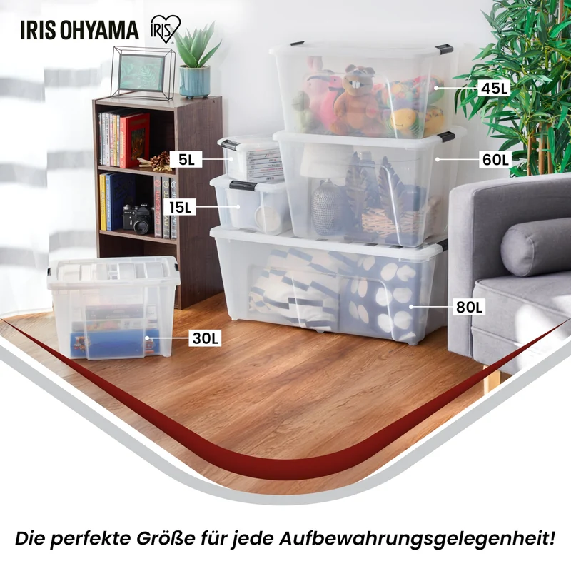 Iris Ohyama Aufbewahrungsbox mit Deckel, 80L, 4er-Set, Transparent, Schnappverschlüsse mit Griffen, Stapelbar, Stark & Langlebig, Für Kleidung, Garage, Zuhause, Büro, Plastikbox, Lagerung TB-84D