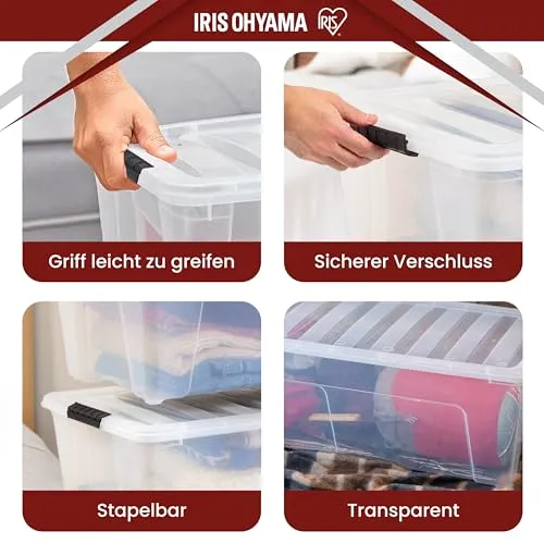 Iris Ohyama Aufbewahrungsbox mit Deckel, 80L, 4er-Set, Transparent, Schnappverschlüsse mit Griffen, Stapelbar, Stark & Langlebig, Für Kleidung, Garage, Zuhause, Büro, Plastikbox, Lagerung TB-84D