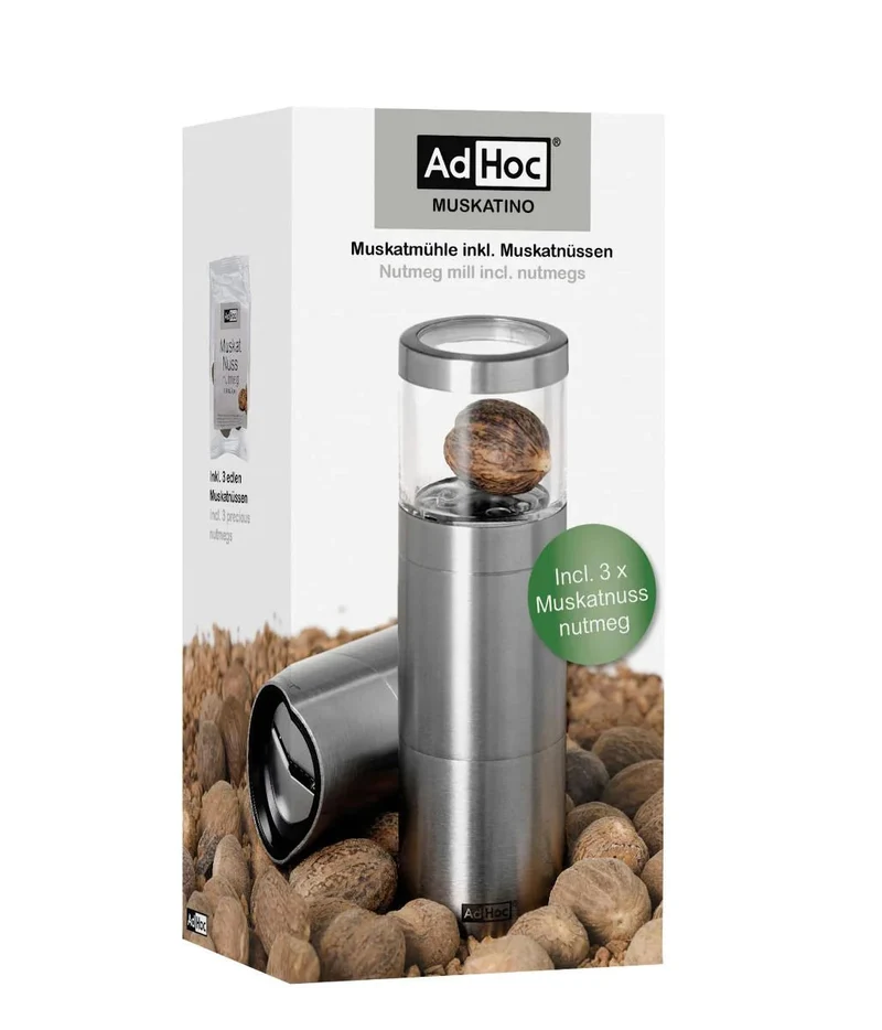 AdHoc, Geschenkset Muskatmühle MUSKATINO mit 3 Stck. edle Muskatnüsse
