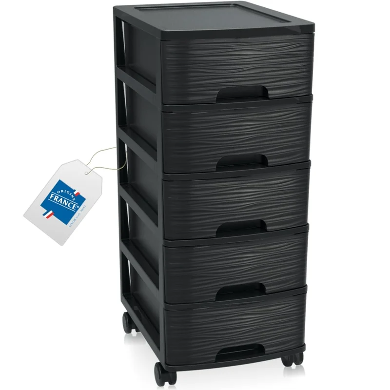 Schubladenschrank mit Rollen Rollcontainer mit 5 Schubladen Rollschrank aus Kunststoff Rollwagen (Schwarz)