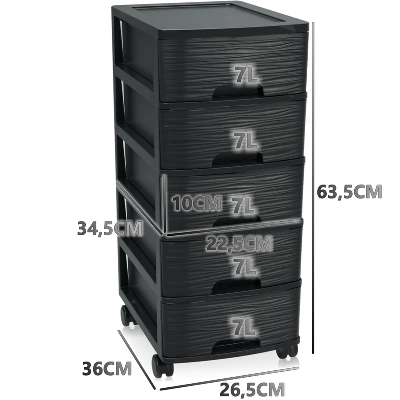 Schubladenschrank mit Rollen Rollcontainer mit 5 Schubladen Rollschrank aus Kunststoff Rollwagen (Schwarz)