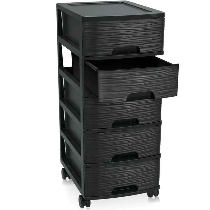 Schubladenschrank mit Rollen Rollcontainer mit 5 Schubladen Rollschrank aus Kunststoff Rollwagen (Schwarz)
