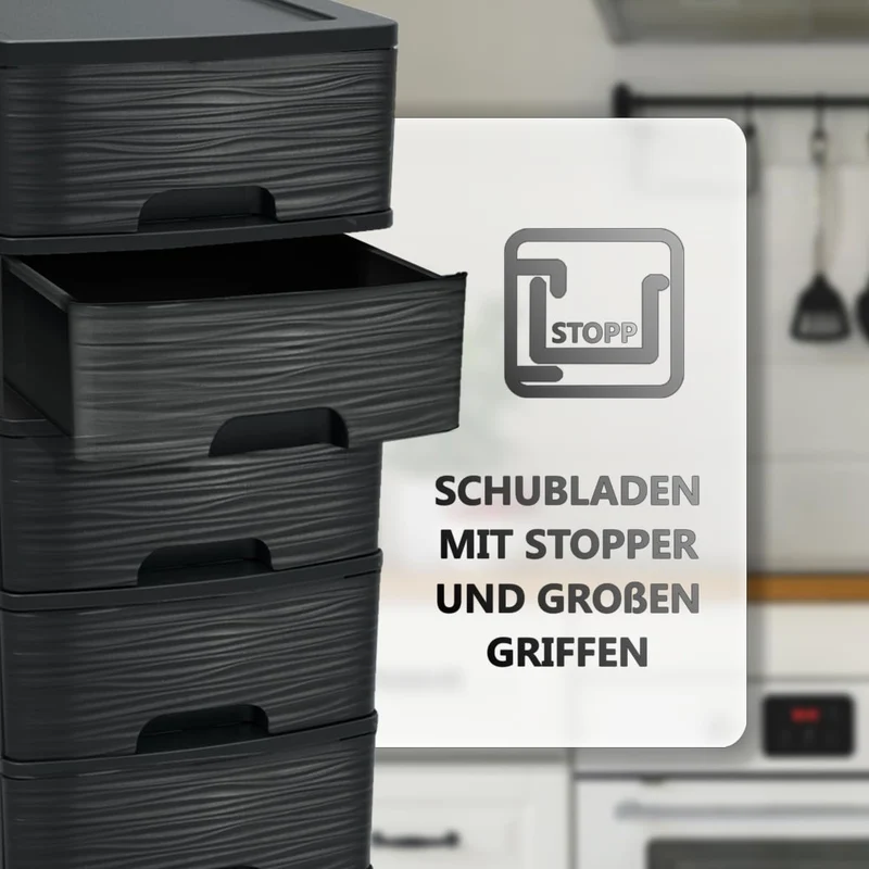 Schubladenschrank mit Rollen Rollcontainer mit 5 Schubladen Rollschrank aus Kunststoff Rollwagen (Schwarz)