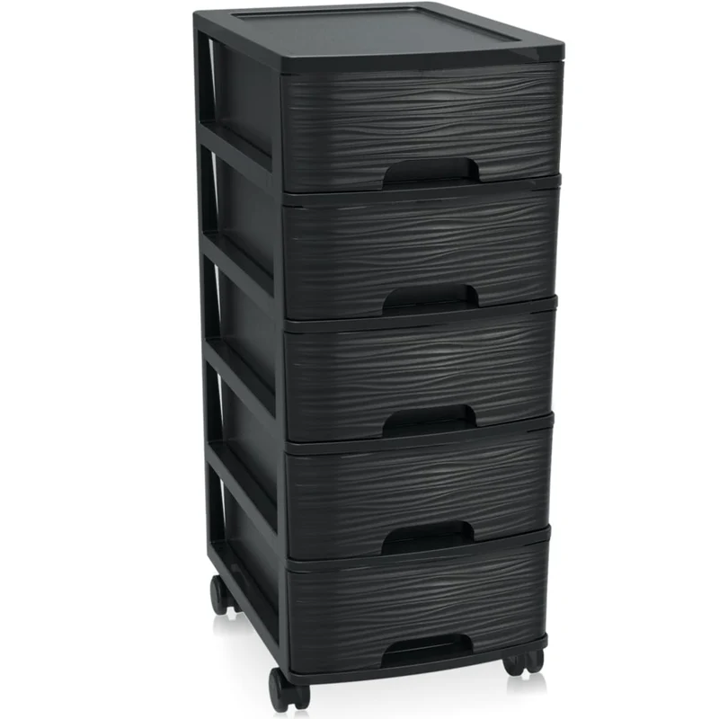Schubladenschrank mit Rollen Rollcontainer mit 5 Schubladen Rollschrank aus Kunststoff Rollwagen (Schwarz)
