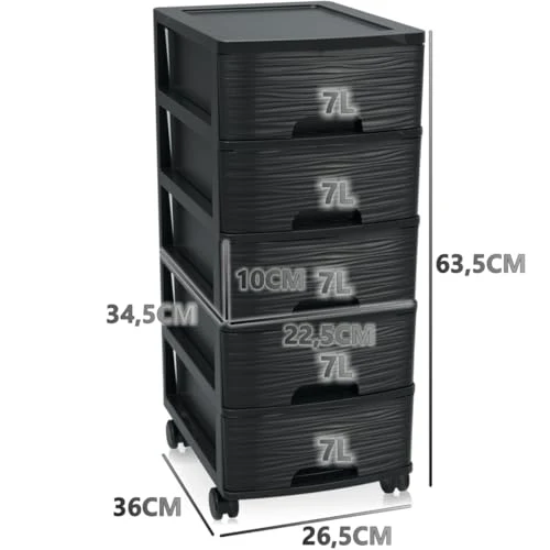Schubladenschrank mit Rollen Rollcontainer mit 5 Schubladen Rollschrank aus Kunststoff Rollwagen (Schwarz)