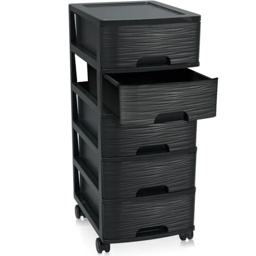 Schubladenschrank mit Rollen Rollcontainer mit 5 Schubladen Rollschrank aus Kunststoff Rollwagen (Schwarz)