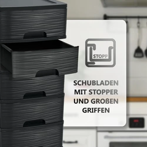 Schubladenschrank mit Rollen Rollcontainer mit 5 Schubladen Rollschrank aus Kunststoff Rollwagen (Schwarz)