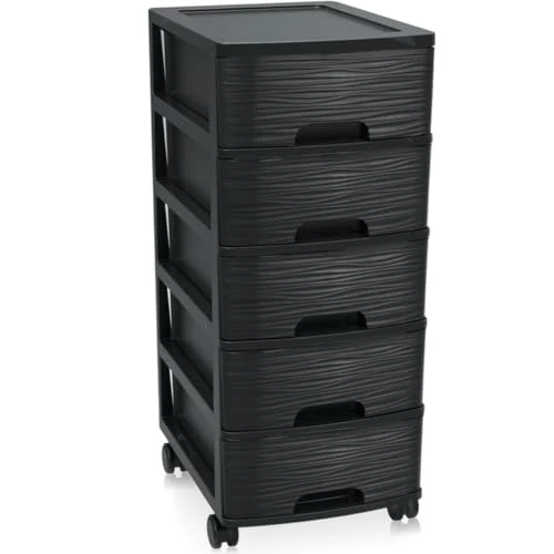 Schubladenschrank mit Rollen Rollcontainer mit 5 Schubladen Rollschrank aus Kunststoff Rollwagen (Schwarz)