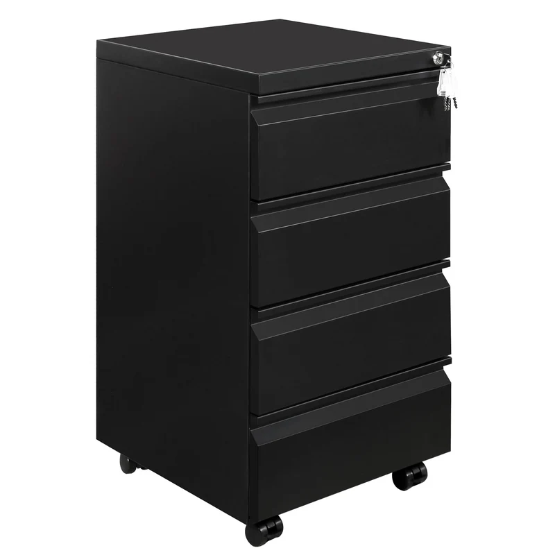 Rollcontainer, Mobiler Aktenschrank mit Schloss, 4 Schlüssel, 4 Schubladen, Büroschrank aus Metall, Bereits Vormontiert, für Büro, Heimbüro, Schwarz