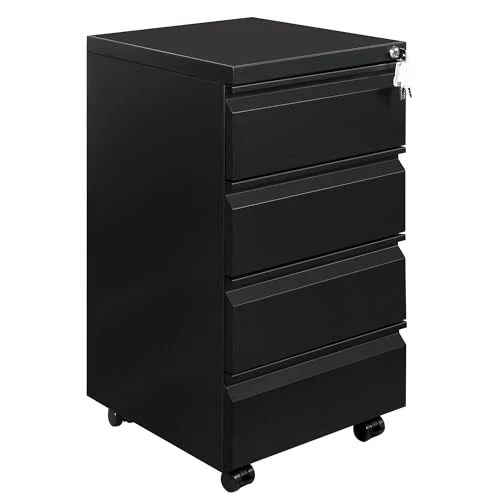 Rollcontainer, Mobiler Aktenschrank mit Schloss, 4 Schlüssel, 4 Schubladen, Büroschrank aus Metall, Bereits Vormontiert, für Büro, Heimbüro, Schwarz