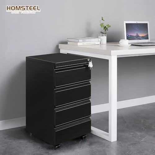 Rollcontainer, Mobiler Aktenschrank mit Schloss, 4 Schlüssel, 4 Schubladen, Büroschrank aus Metall, Bereits Vormontiert, für Büro, Heimbüro, Schwarz