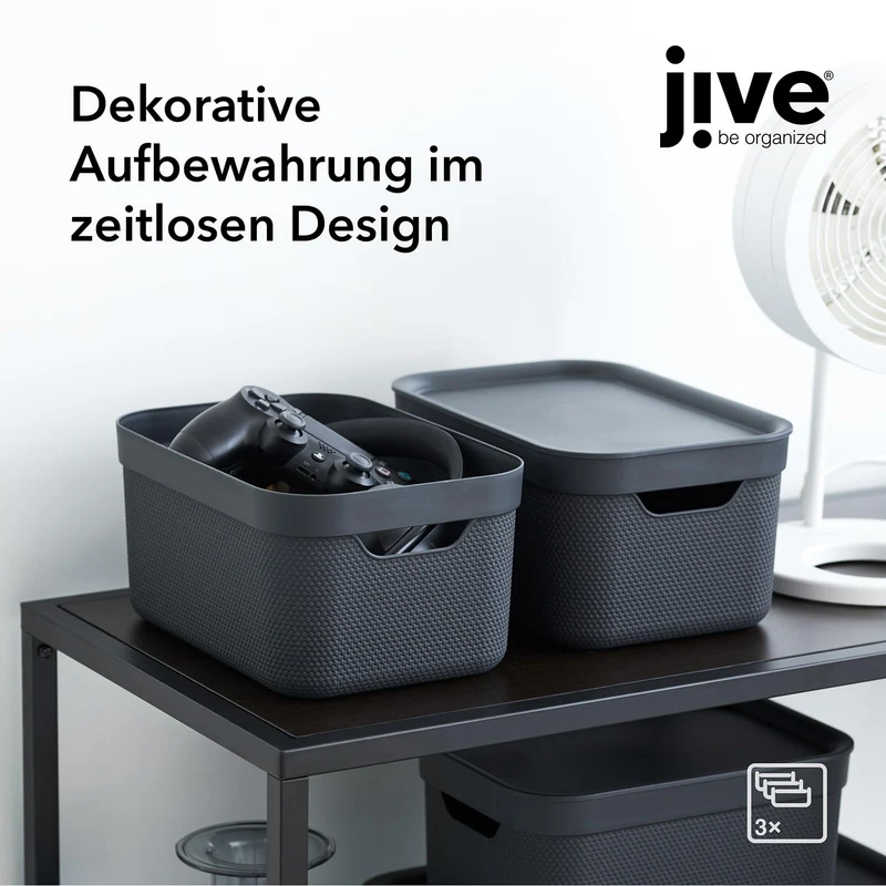 Rotho Jive Aufbewahrungsbox mit Deckel 3 x 5 L stapelbar aus PP dunkelgrau