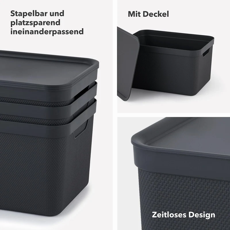 Rotho Jive Aufbewahrungsbox mit Deckel 3 x 5 L stapelbar aus PP dunkelgrau