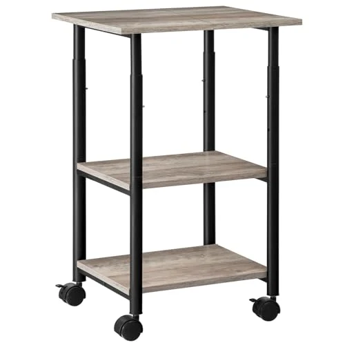 HOOBRO Druckertisch, Druckerwagen mit arretierbaren Rädern, Druckerständer rollbar mit 3 Ebenen, höhenverstellbar, leicht zu montieren, 48,5 x 40 x 67 cm, für Büro, Greige-Schwarz EBG03PS01G1