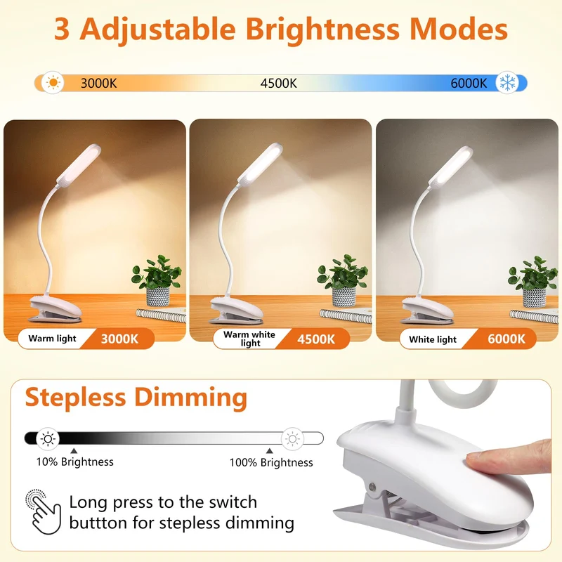 Diboniur Leselampe Bett, Klemmlampe Bett mit Touch Dimmbar, 3 Farben und dimmbar, 360° flexible Klemmleuchte für Studium und Arbeit, Clip-on, USB-Anschluss
