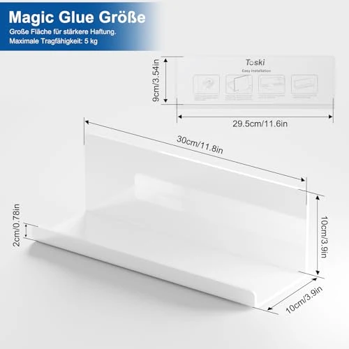 Toski Wandregal Ohne Bohren 30cm, Regal Wand Acryl 2 Stück, Weiß