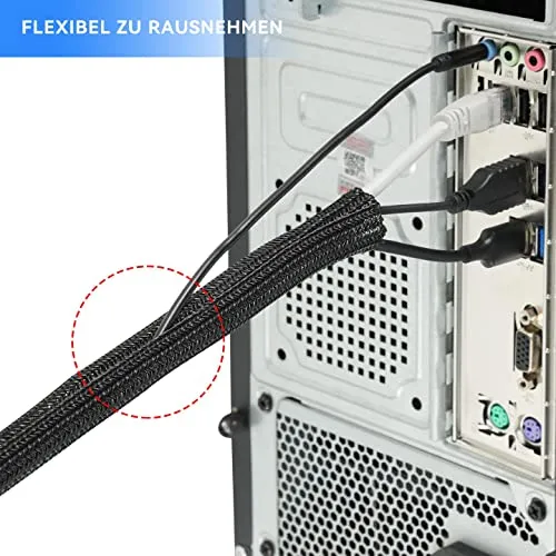 AGPTEK 2m Kabelschlauch, 25-39mm selbstschließend Kabelkanal, Flexibler gewebter Kabelmantel, Kabelmanagement für Schreibtisch, TV, Computer, PC, Kabelschutz für Hund, Katze, Schwarz