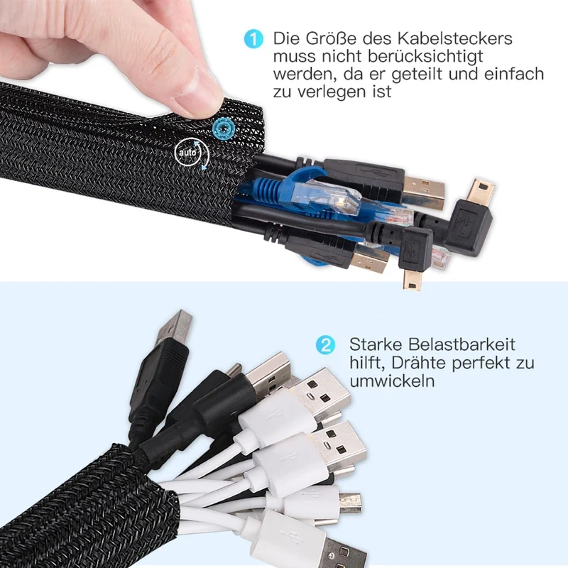 AGPTEK 2m Kabelschlauch, 25-39mm selbstschließend Kabelkanal, Flexibler gewebter Kabelmantel, Kabelmanagement für Schreibtisch, TV, Computer, PC, Kabelschutz für Hund, Katze, Schwarz