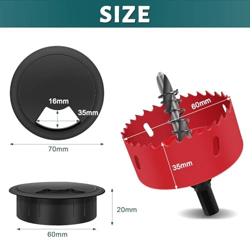 60mm Kabeldurchführung Schreibtisch 10 Stück mit 1 Stück Lochsäge