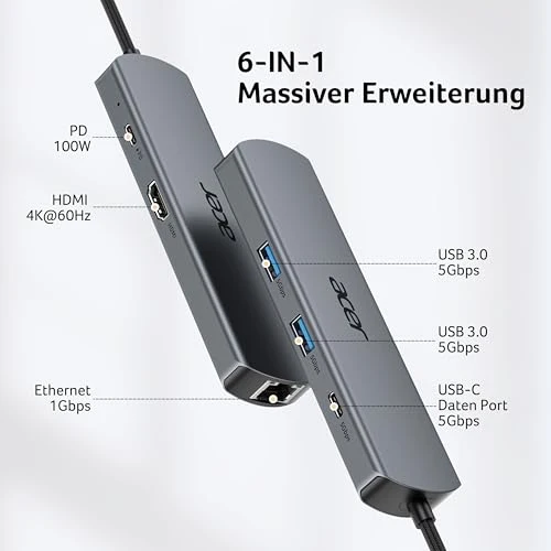 Acer USB C HUB Ethernet, mit 4K@60Hz HDMI, 1*USB-C+2*USB-A 5Gbps, 100W PD