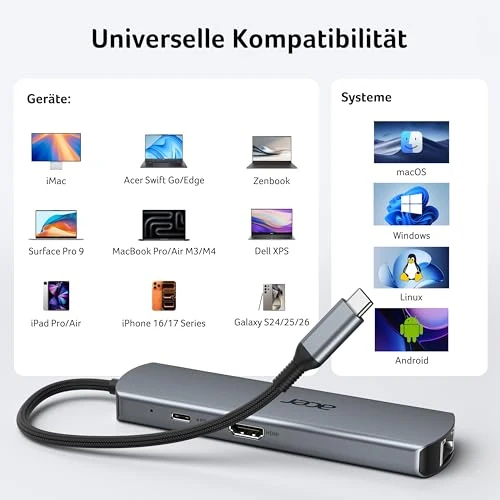 Acer USB C HUB Ethernet, mit 4K@60Hz HDMI, 1*USB-C+2*USB-A 5Gbps, 100W PD