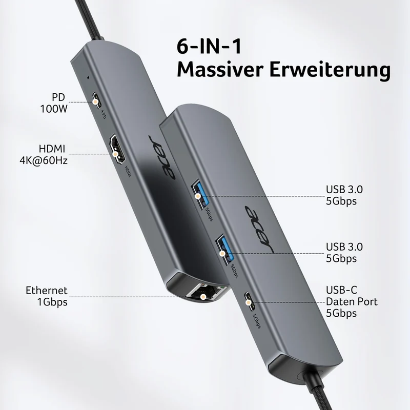 Acer USB C HUB Ethernet, mit 4K@60Hz HDMI, 1*USB-C+2*USB-A 5Gbps, 100W PD