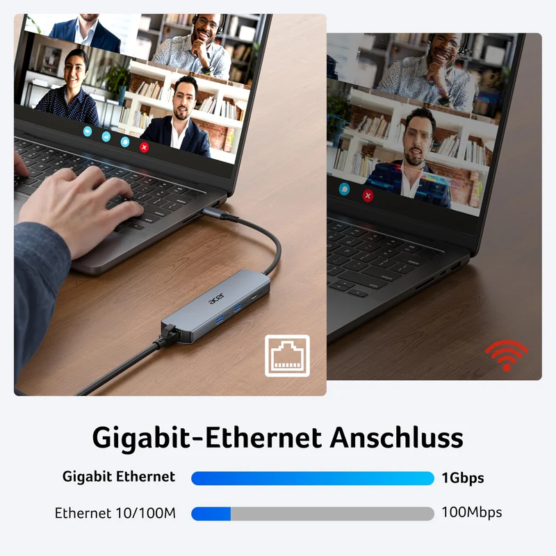 Acer USB C HUB Ethernet, mit 4K@60Hz HDMI, 1*USB-C+2*USB-A 5Gbps, 100W PD