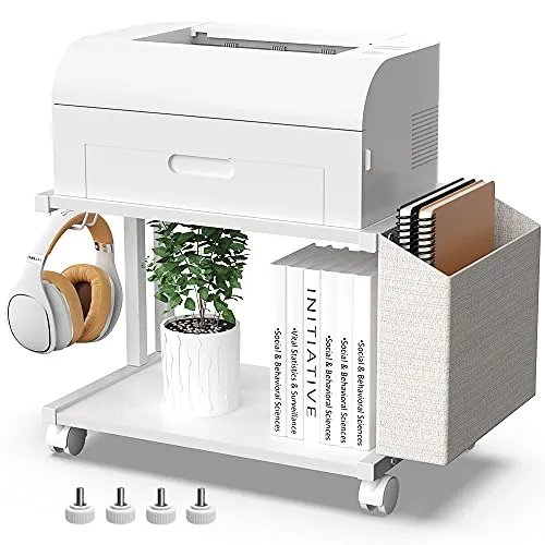 VEDECASA Moderner Druckerständer mit 2 Etagen, aus Holz, mit Aufbewahrungstasche, für Zuhause, Büro, Schreibtisch, Drucker, Tisch, Organizer, mobiles Druckerregal, Wagen mit Lenkrolle (weiß)