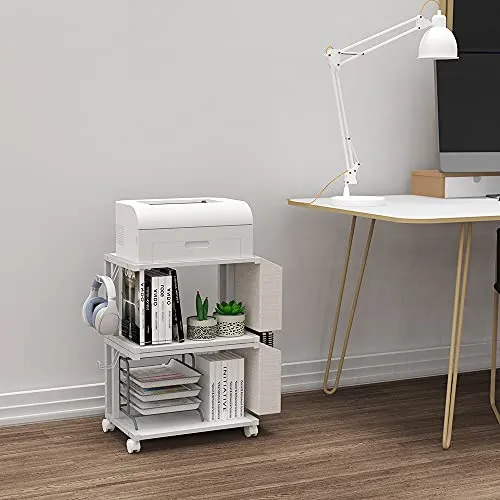 VEDECASA Moderner Druckerständer mit 2 Etagen, aus Holz, mit Aufbewahrungstasche, für Zuhause, Büro, Schreibtisch, Drucker, Tisch, Organizer, mobiles Druckerregal, Wagen mit Lenkrolle (weiß)