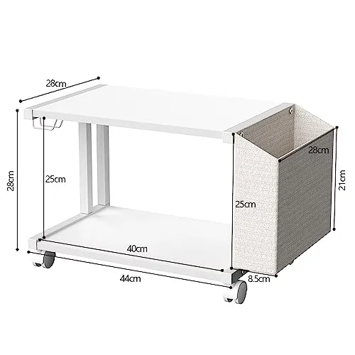 VEDECASA Moderner Druckerständer mit 2 Etagen, aus Holz, mit Aufbewahrungstasche, für Zuhause, Büro, Schreibtisch, Drucker, Tisch, Organizer, mobiles Druckerregal, Wagen mit Lenkrolle (weiß)